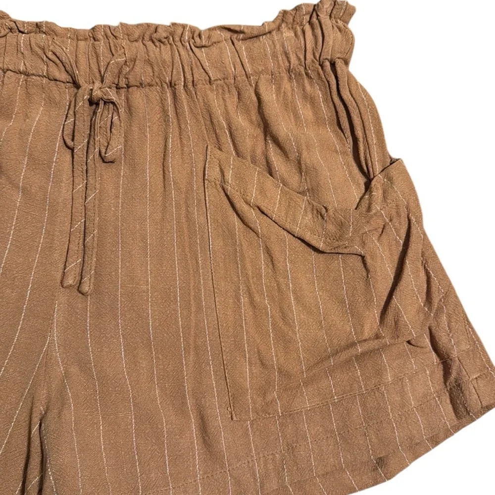 WISHLIST camel colored pinstripe paper bag shorts